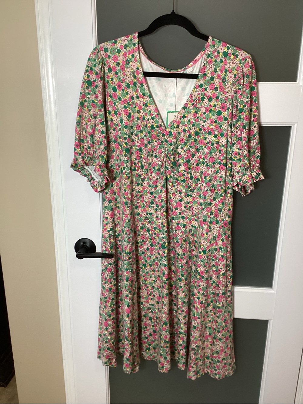 Boden Puff Sleeve Jersey Dress Pink Green Ditsy Floral Plus Size 20 / 22 - NWT!